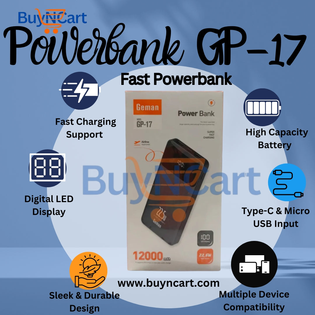 Geman GP-17 best PowerBank – 12,000mAh Fast Charging, LED Display, Portable Charger for Smartphones and Tablets