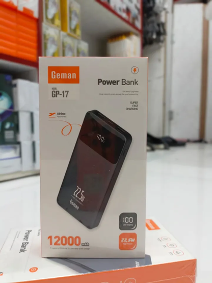 Geman GP-17 best PowerBank – 12,000mAh Fast Charging, LED Display, Portable Charger for Smartphones and Tablets