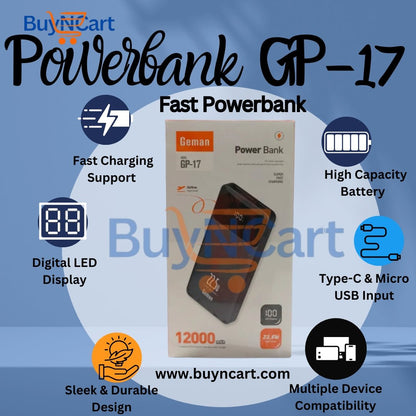 Geman GP - 17 best PowerBank – 12,000mAh Fast Charging, LED Display, Portable Charger for Smartphones and Tablets - Buyncart